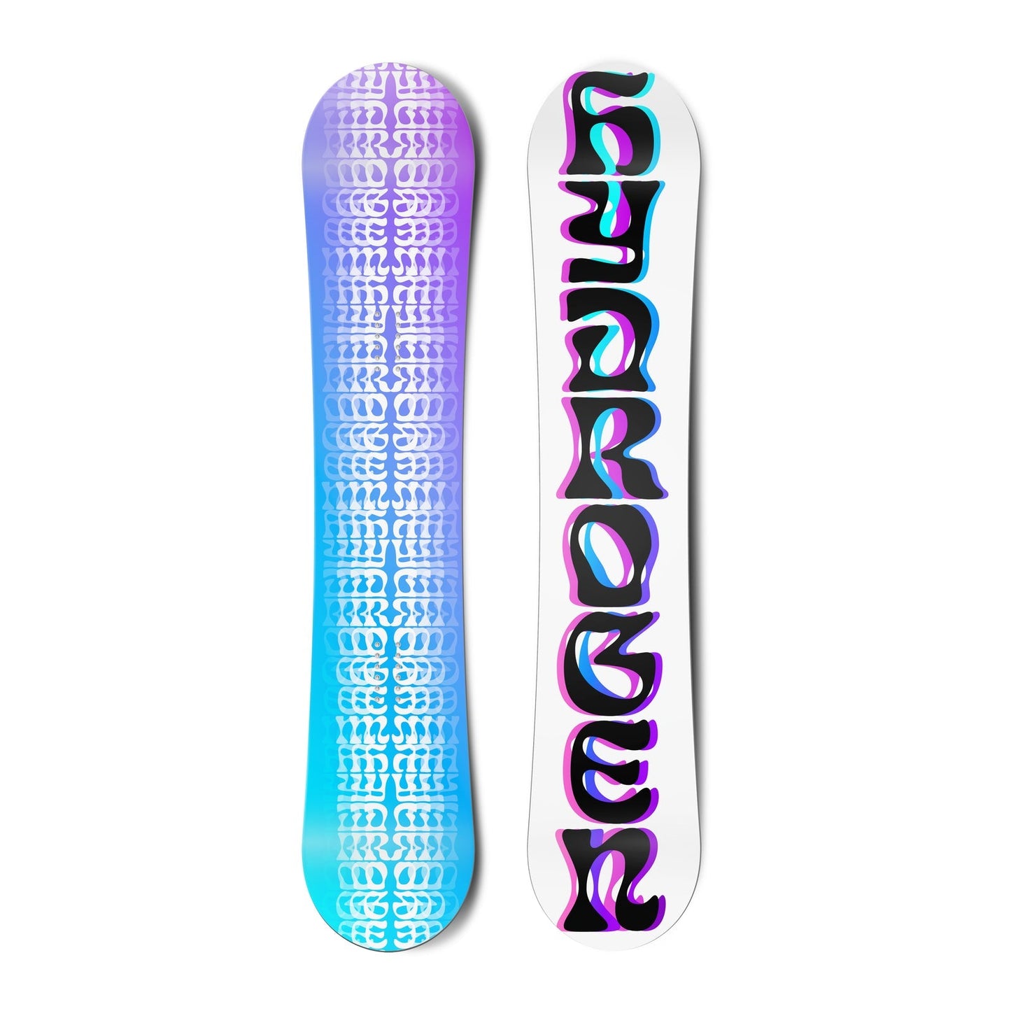 Top and bottom view of a snowboard.The top view shows the text “hydrogen” in overlapping blue, pink
and black font. The bottom view is a purple to blue gradient with white geometric pattern overlay.