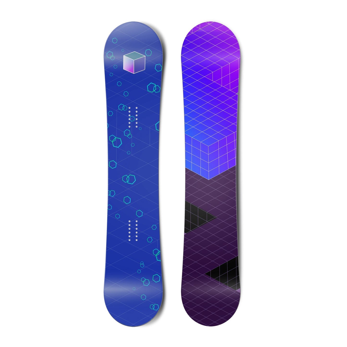 The top and bottom view of a snowboard.The top view is a gradient light purple and dark purple with
a cube geometric pattern. The bottom view blue with light blue octagon geometric pattern.