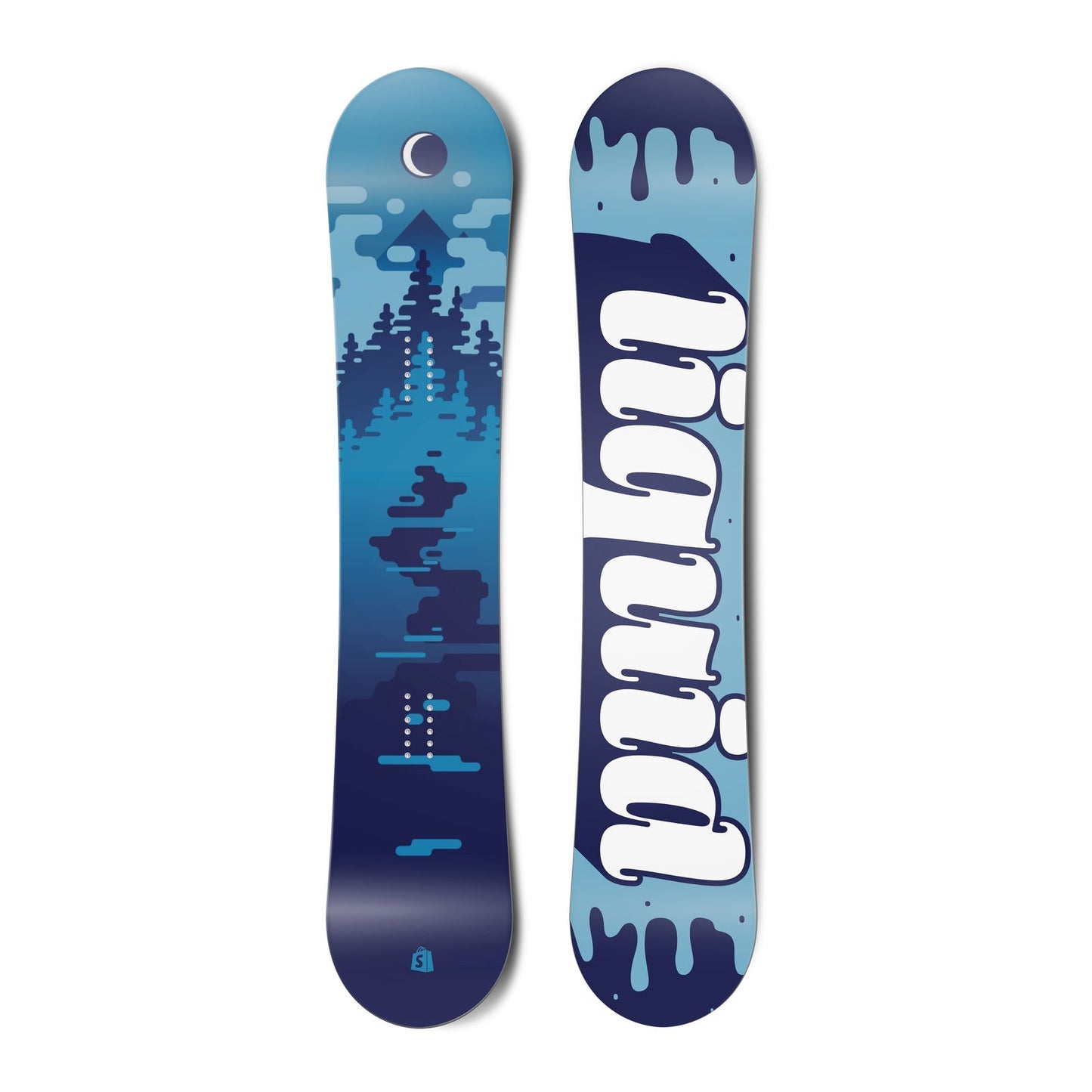 Top and bottom view of a snowboard. The top view shows a stylized scene of water, trees, mountains,
sky and a moon in blue colours. The bottom view has a blue liquid, drippy background with the text “liquid” in
a stylized script typeface.